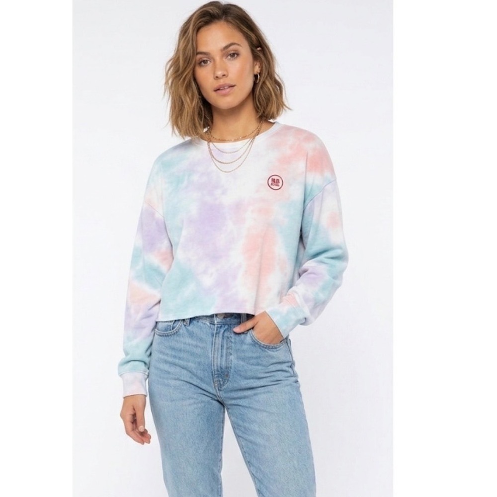 All in Favor Be Nice Tie Dye Cropped Sweatshirt Purple Peach Blue Size L NEW